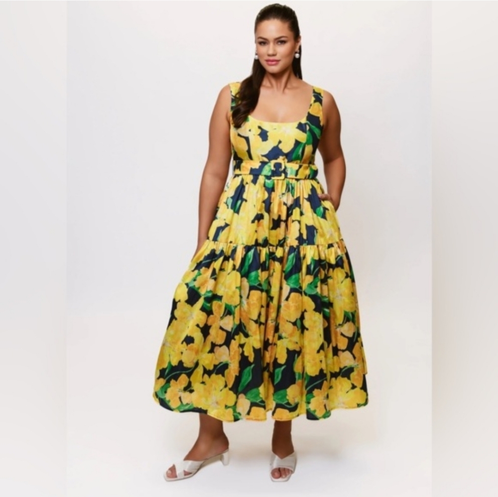 Hutch Alice Scoop-Neck Belted Midi Dress Floral Navy Yellow Belted Size 18W NWT